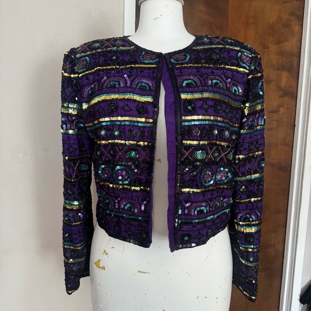 Laurence Kazar women’s silk sequins blazer party evening glam